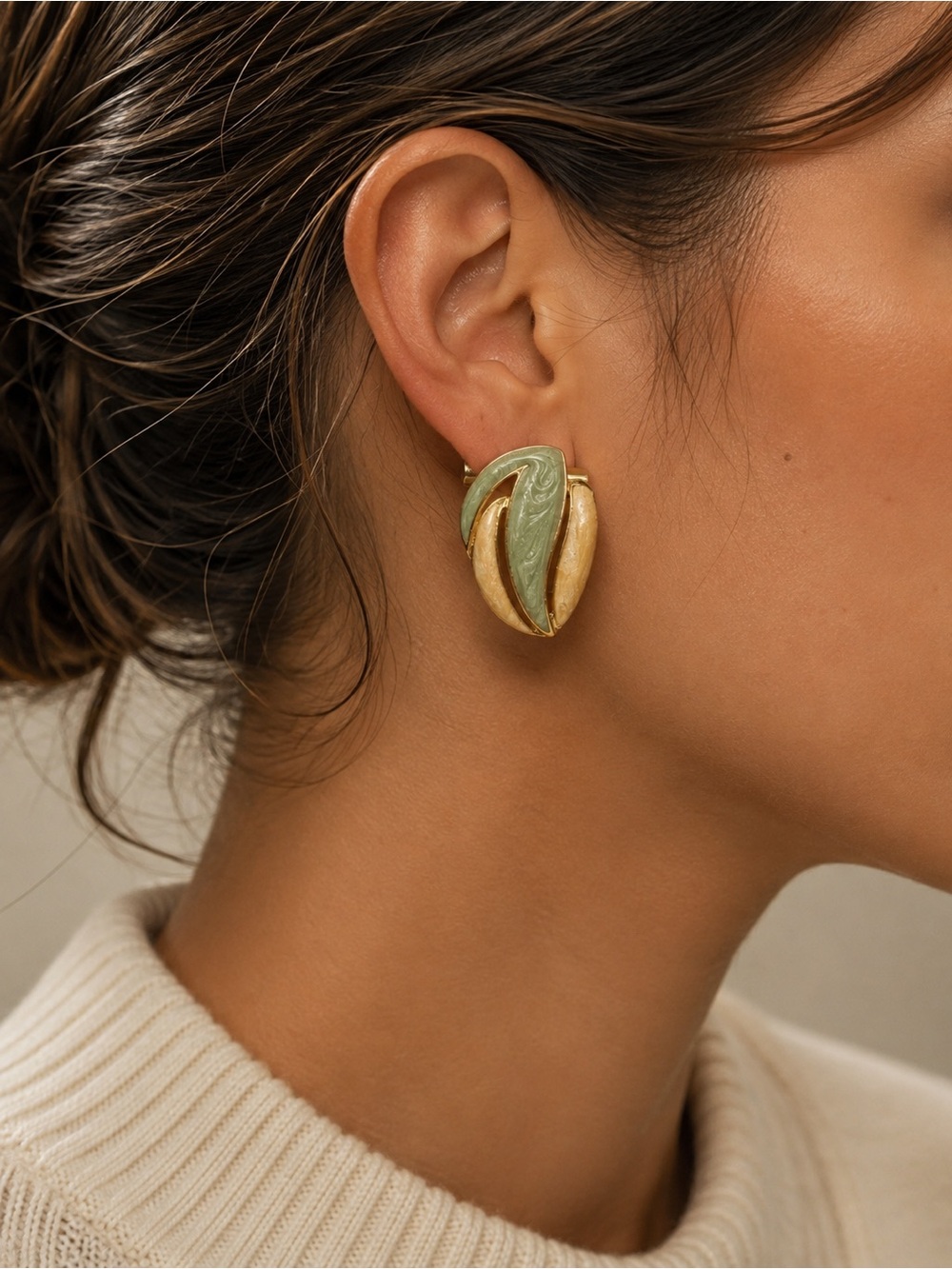 Vintage Gold Tone Green Enamel Abstract Statement Pierced Earrings